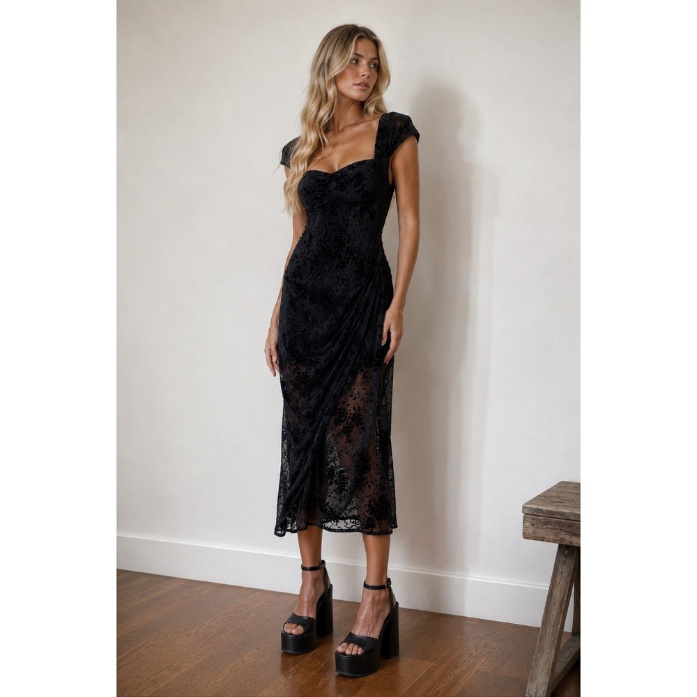 Velvet Burnout Whimsigoth Sheer Midi Dress Ruched Dark Fairy Grunge Romantic M